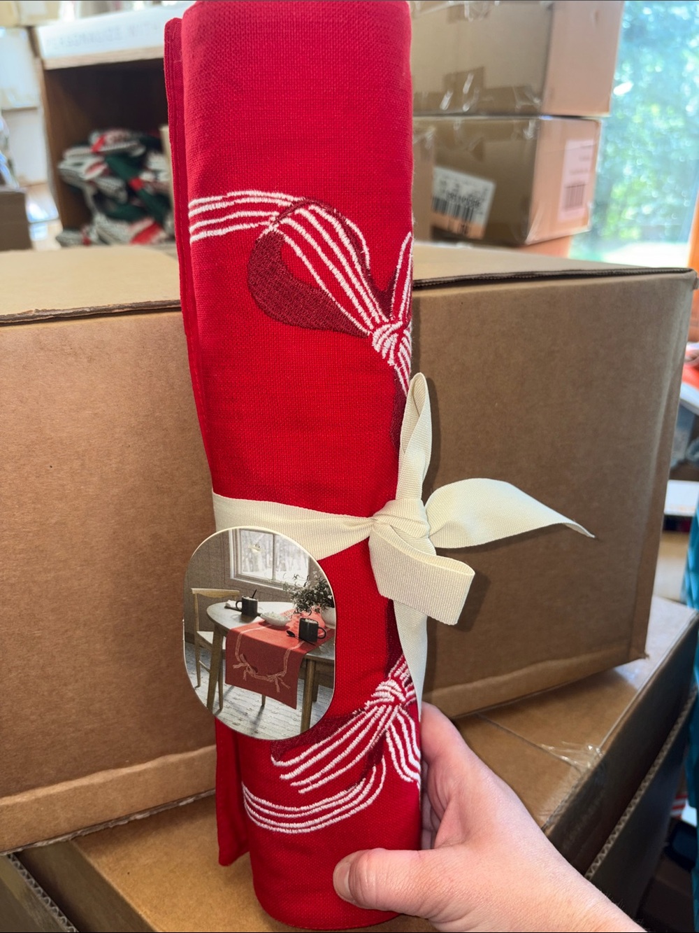 5/$10 Red Holiday Table Runner with White Bow Embroidery -